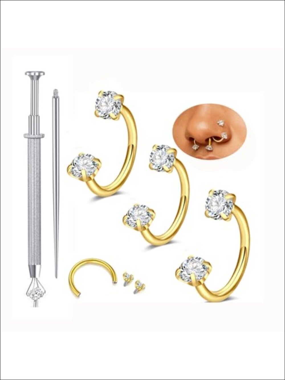 20g Stainless Steel Horseshoe Nose Ring Double Gem Piercing Jewelry